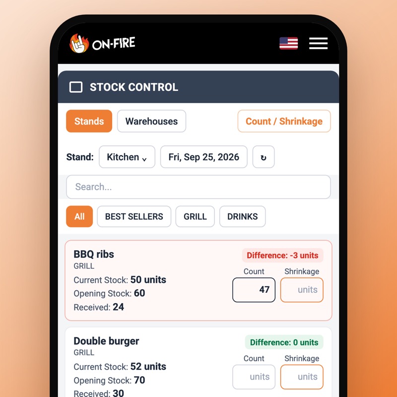 OnFire stock control on a phone: 50 ribs should be left, 47 were counted, 3 missing