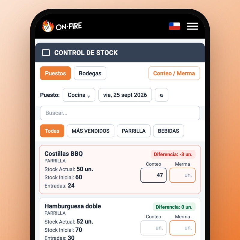 Control de stock de OnFire en el celular: deberían quedar 50 costillas, se contaron 47, diferencia de 3